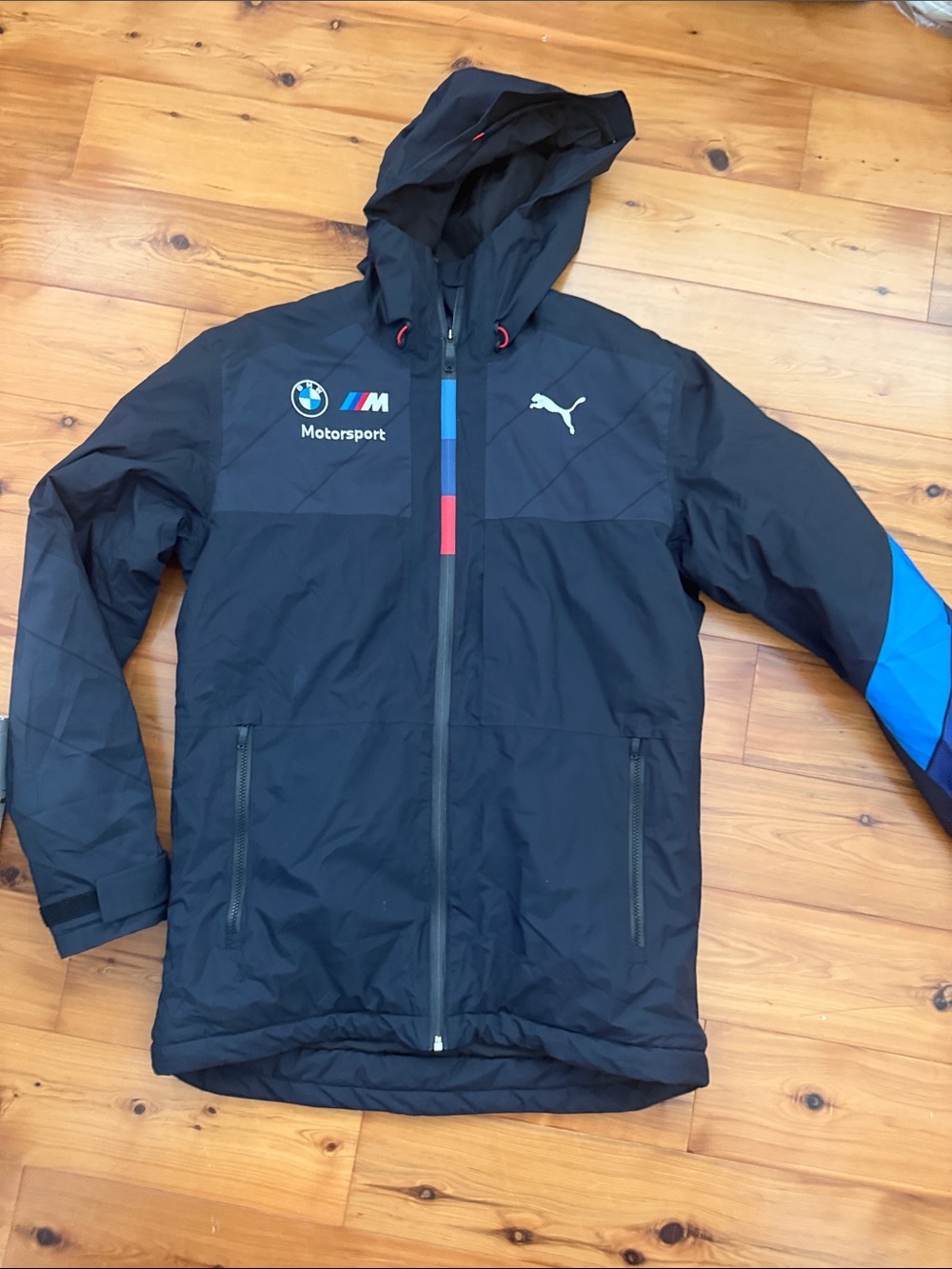 BMW Black Hooded Motorsport Windbreaker with Blue & Red Accents